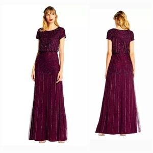 New Adrianna Papell Floor-Length Beaded Short Sleeves Embellished Gown. Size 6